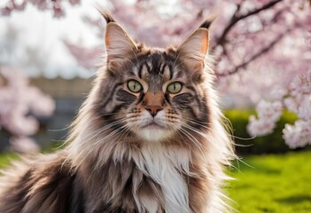 Obraz premium A Maine Coon cat sitting on a tree branch with cherry blossom in the background