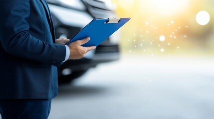 A man is standing in front of a car with a blue clipboard in his hand