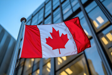 Canadian flag waving in front of a modern glass building during a clear day