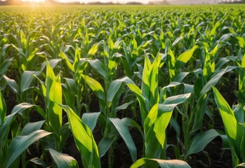 Naklejka premium A field of young corn plants at sunset, bathed in warm sunlight.