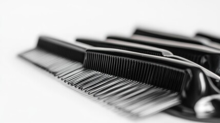Close-up of several black combs on a white background, showcasing their texture and details.