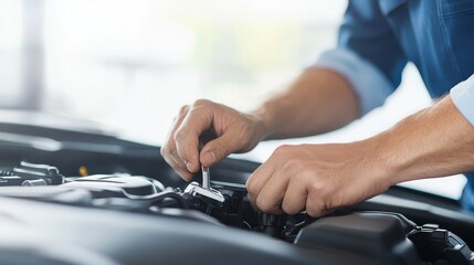 Naklejka premium A man is working on a car engine