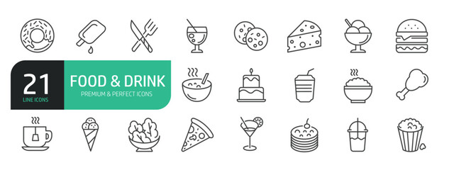 Food And Drink Line Icon Set. The set contains icons  Pizza, Burger, Cookies, Ice Cream, Vegetarian Food, Cheese,  Juice, Tea,  Dessert.
