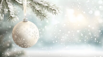 A snowy winter scene with a silver snowflake ornament