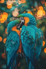 Fototapeta premium Two parrots nuzzle, displaying vibrant plumage. AI.