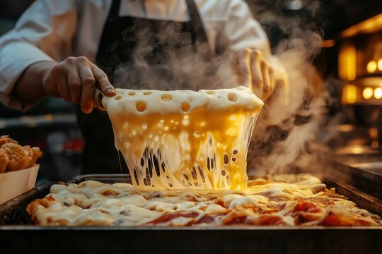 A chef preparing Raclette, a melted cheese dish, deliciously stretches gooey cheese over food. This appetizing dish is perfect for sharing at gatherings and celebrations.