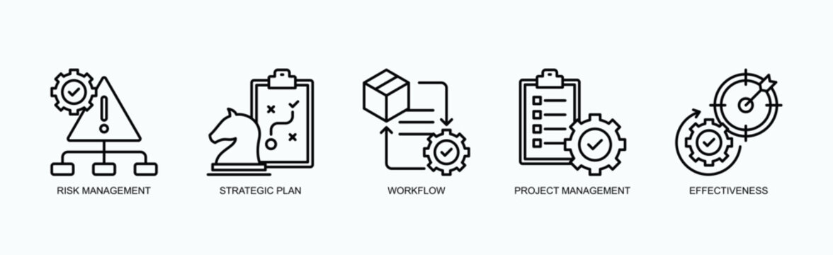 Effective Business Operations And Planning Icon Set Vector Illustration Concept With Icon Of Risk Management, Strategic Plan, Workflow, Project Management, Effectiveness In Outline Style