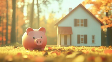 Cozy Home with Piggy Bank in Autumn Landscape