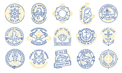Sea and yacht logos, labels, icons. A set of 15 sea logotypes. Yacht, cruise, octopus, captain, sea horse, crab. Ideal for branding yacht clubs, restaurants, cruises. Vector illustration
