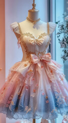 On the vertical hangers in the store, pink dresses are displayed