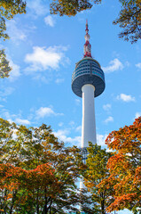 Namsan Tower and pavilion during the autumn leaves in Seoul, South Korea.