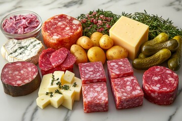 A delectable spread for a Raclette meal, featuring various cured meats, cheeses, and potatoes. Enjoy this flavorful food experience with accompaniments like pickles and herbs.