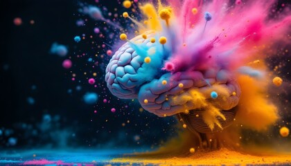 Obraz premium Colorful Powder Explosions Emanating from Human Brain Symbolizing Creativity
