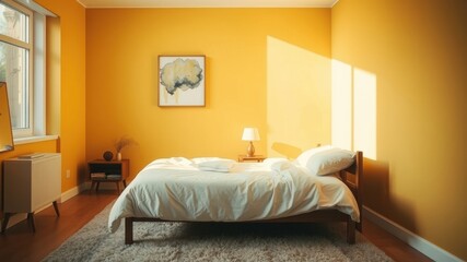 Fototapeta premium Sunny Bedroom with Wooden Bed and Minimalist Decor