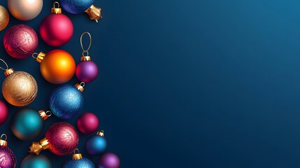 Colorful Christmas Ornaments Against a Dark Blue Background