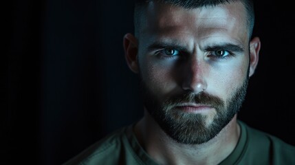 Close-up portrait of a serious, brooding man with intense eyes and short beard, set against a dark background.