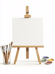 An isolated blank canvas studio on a white background showcases an empty easel, paintbrushes, and a palette, perfect for inspiring artistic branding and imaginative projects.
