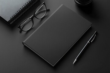 Book cover mockup displayed on a modern tabletop, complemented by stylish props such as glasses, a pen, and a notebook to emphasize creativity and professionalism.