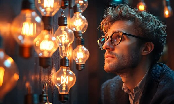 Thoughtful Student Inspiring Creativity with Light Bulbs