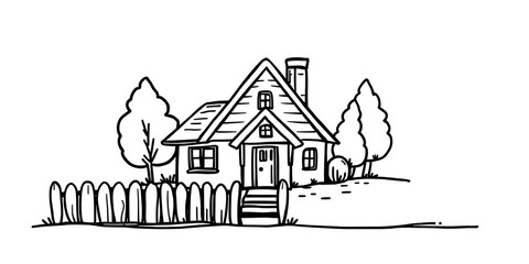 A thick-lined doodle of a house with a chimney, trees, and a fence, drawn in simple black outlines with no fill color, set on a plain white background.

