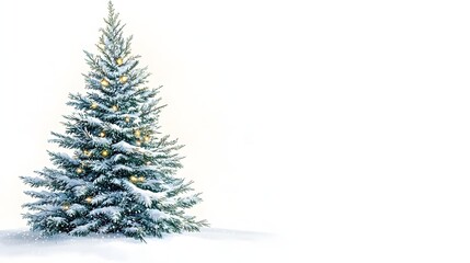 Snow covered Christmas tree with lights on white background