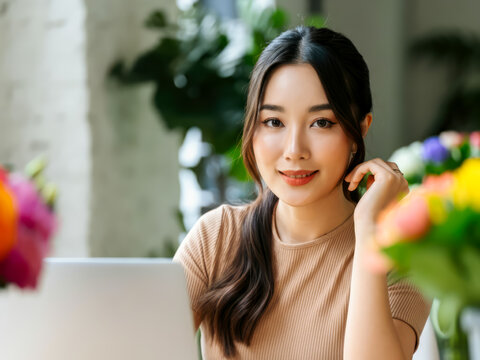 woman working with laptop in room with flower main or side job 