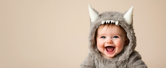 Adorable baby laughing and wearing a furry monster costume