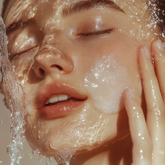 Fototapeta premium Cosmetic beauty portrait with foam cleanser and water splash for skincare.