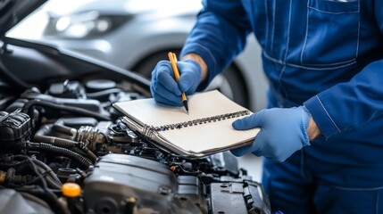 Obraz premium A mechanic is writing on a notebook while inspecting a car