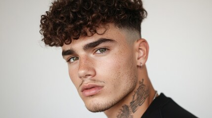 Obraz premium Close-up portrait of a young man with curly brown hair, green eyes, and a neck tattoo, against a light gray background.