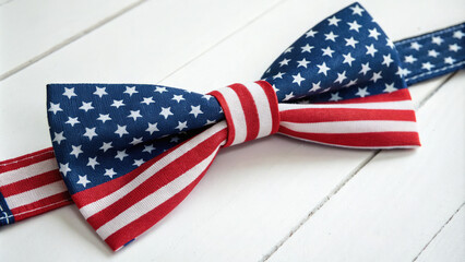 Obraz premium Classic red, white and blue bow tie with stars and stripes pattern.Red, blue and white men's accessory for patriotic events and adds a twist to any outfit.