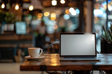 Laptop on coffee shop table with blank screen  office mockup