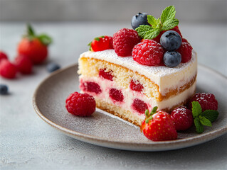 Image of Food: A Slice of Vanilla Cake with Fresh Raspberry and Blueberry Decor, and berry jam