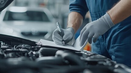 A mechanic is writing on a clipboard while working on a car