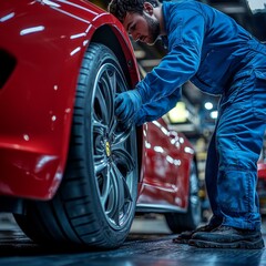 Man in blue workwear replacing wheel on red sports car in garage close up of rubber tires