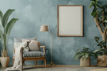 Frame mockup in interior. Cozy interior with empty poster frame.