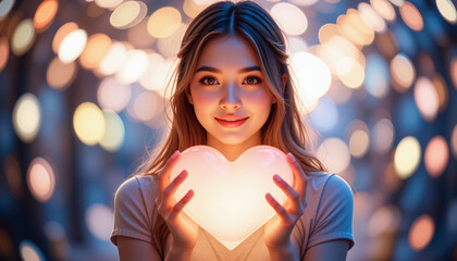 Young pretty woman holding a glowing heart in her hands with warm bokeh background, Symbolizing love and warmth
