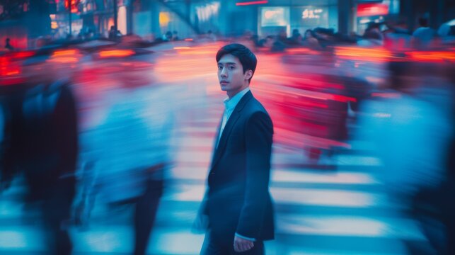 photography, side view, Chinese business professional standing in middle of busy crosswalk in downtown district amidst blurred motion of people moving past. digital concept, surrounded by a blurred mo