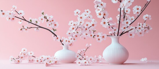 Delicate pink cherry blossoms in white vases on pink background.