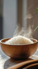The wooden bowl was filled with white rice, emitting hot steam.