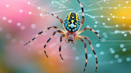 Obraz premium A colorful spider hanging on its web, showcasing intricate details and vibrant colors.
