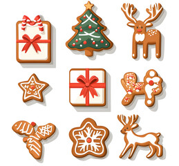 Fototapeta premium Festive Christmas Gingerbread Cookies with Snowflakes, Reindeer, and Christmas Tree Decorations. AI generative.