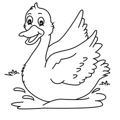 Cute cartoon hand drawn vector duck floating on water coloring page.