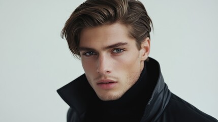 Close-up portrait of a young man with styled hair, wearing a black turtleneck and leather jacket, against a light background.