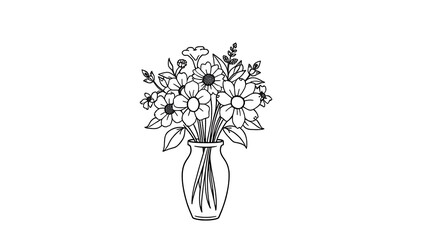 A thick-lined doodle of a bouquet of flowers in a vase, drawn in simple outlines with no fill color, placed on a plain white background.

