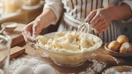 Fototapeta premium Woman's hands mixing creamy mashed potatoes in a glass bowl.
