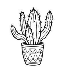 A thick-lined doodle of a cactus in a pot, with spikes and simple patterns on the pot, drawn in bold outlines with no fill color on a plain white background.


