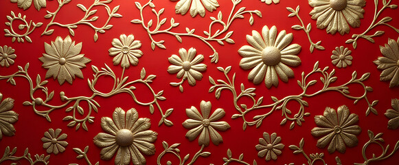 Golden floral artistry on a rich red backdrop. Intricate detailing and elegant design create a luxurious feel.  A feast for the eyes!