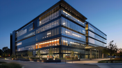 Obraz premium Exterior architectural rendering of an industrial building with one side covered in black timber cladding, the other half is glass and metal. Carbon-neutral glass structured office building set 