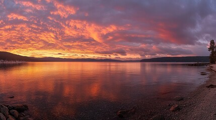Fiery Sunset over Serene Lake Panorama